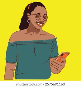 A young African American woman is holding her phone and reading messages with a focused yet cheerful expression. She exudes positivity and engagement in a relaxed, casual setting.