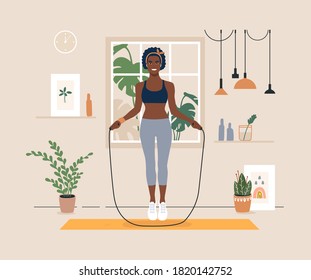 Young african american woman jumps skipping rope. Black female character playing sport at home or studio. Concept woman, person indoor fitness activities. Trendy flat vector illustration.