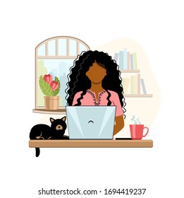 Young african american woman with laptop working from home. Home office concept. People who study or work at home. Vector illustration in flat style.