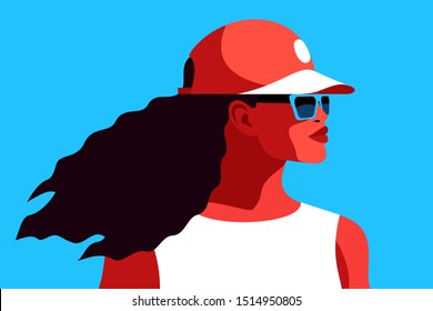 Young african american woman with long black curly hair in baseball cap and sunglasses. Female character, side view. Vector illustration