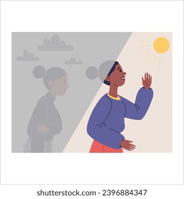 Young african american woman looking at sunset. Vector illustration in flat style