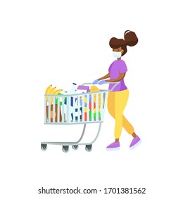 Young African American woman in medical masks and gloves with supermarket trolley full of food.
Safe shopping in supermarket. Quarantine coronavirus in the store epidemic precautions vector concept.