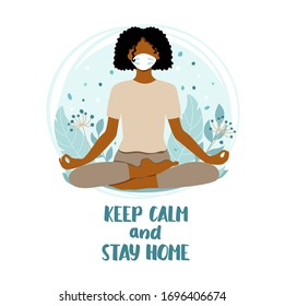 Young african american woman meditating and wearing medical mask against the virus. Girl sitting on the nature background. Concept of virus quarantine. Vector illustration in flat cartoon style. 