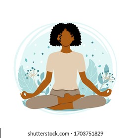 Young african american woman meditating sitting in lotus on the natural background. Concept illustration for yoga, meditation, relax and healthy lifestyle. Vector illustration in flat style