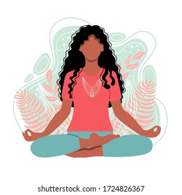 Young african american woman meditating sitting in lotus on the natural background.  Concept illustration for yoga, meditation, relax and healthy lifestyle. Vector illustration in flat cartoon style