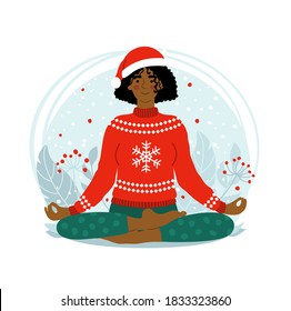 Young african american woman meditating and sitting in lotus on the winter natural background. Girl wearing a scandinavian sweater and a Santa hat. Vector illustration in flat style