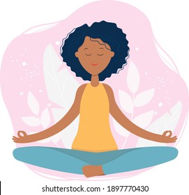 Young african american woman meditating sitting in lotus on the natural background. Concept illustration for yoga, meditation, relax and healthy lifestyle. Vector illustration in flat cartoon style.