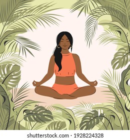 Young african american woman meditating sitting in lotus on the nature. Concept illustration for yoga, meditation, relax, healthy lifestyle and sports activities . Vector illustration in flat style.