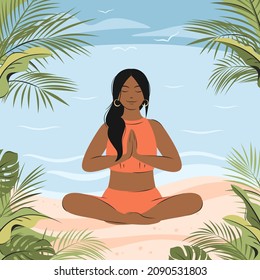 Young african american woman meditating sitting in lotus on the nature. Concept illustration for yoga, meditation, relax, physical and mental health. Vector illustration in flat style.