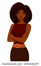 jovem mulher afro-americana com cabelo natural, vestindo roupas casuais inteligentes e elegantes, de pé com os braços cruzados. Isolado no branco.