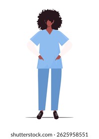 Young African American woman nurse in medical uniform standing isolated on white background. Medical clinic worker. Vector illustration Not AI generated