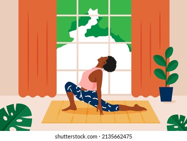 Young African American woman practices yoga in front of a big window at home . Vector illustration in flat cartoon style.	