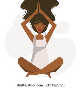 A young African American woman practices yoga. Stylish woman with long hair in the lotus position. A bright brunette is meditating. The concept of a healthy lifestyle. Trendy flat vector for yoga day