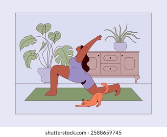 Young African American woman practicing yoga at home with a cat. Stretching in a cosy apartment, improving flexibility, mental health, and wellbeing. Relaxing indoor fitness routine. Flat vector.