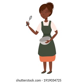 Young African American woman preparing food. Hand drawn, vector cartoon illustration of a chef, apron and restaurant chef uniform, workers profession, vector character, chef brings food