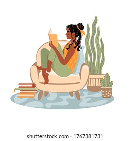 Young african american woman reading a book and sitting in modern interior. Daily life and everyday routine. Home activity. Vector illustration drawing in flat style