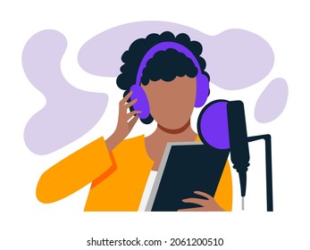 Young African American Woman Is Recording A Podcast. Black Woman With Headphones And A Microphone, Drawn In A Flat Style. Vector Illustration