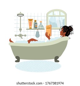 Young african american woman relaxes in bath and reads book. Daily life and everyday routine. Girl is in cozy bathroom. Cartoon vector illustration in flat style.