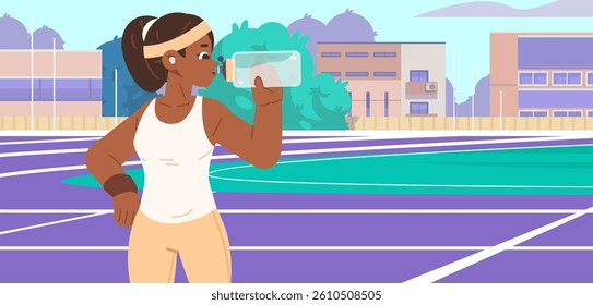 Young African American woman resting and drinking water after running at stadium. Wellness recovery flat vector illustration