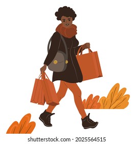 Young African American woman with shopping bags walks. Isolated flat vector illustration