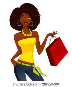 young African American woman shopping. Beautiful black girl in bright summer street fashion, holding a shopping bag. Lifestyle illustration. Isolated on white.