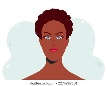 Young african american woman with short curly hair looking at the camera. Pretty girl face. Isolated flat vector illustration with a female character. Portrait of a beautiful black woman.