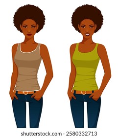 young African American woman with short natural hair, standing with her hands in pockets, wearing tank top and jeans. Beautiful black girl smiling. Isolated on white.