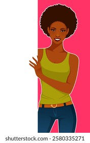 Young African American woman with short natural hair wearing tank top and jeans, smiling and peaking from behind a web banner.