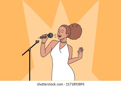 Young African American woman singing in microphone on stage. Happy biracial girl have fun sing karaoke. Entertainment and hobby concept. Vector illustration. 