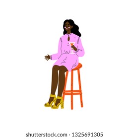 Young African American Woman Sitting on Bar Chair with Glass of Alcohol Drink Vector Illustration