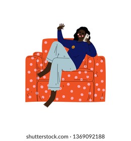 Young African American Woman Sitting in Armchair and Talking on Phone, Girl Spending Weekend at Home and Relaxing Vector Illustration