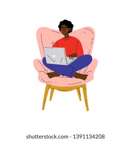 Young African American Woman Sitting in Armchair Using Laptop Computer, Girl Working or Relaxing at Home Using Computer Vector Illustration