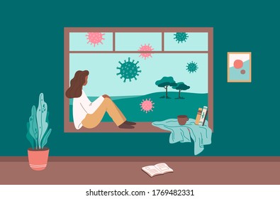 Young african american woman sitting at the window, looking out. Models of coronavirus in the air. Social distancing, stay home, quarantine concept. Flat cartoon vector illustration. 