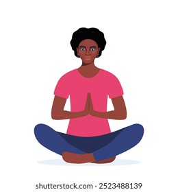 Jovem mulher afro-americana sentada de pernas cruzadas no chão e meditando. Meditação, relaxamento em casa, prática espiritual, ioga e exercício de respiração. Ilustração de vetor plano