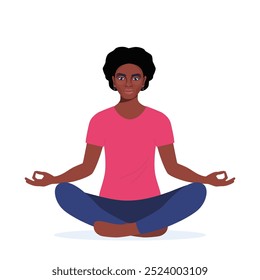 Jovem mulher afro-americana sentada de pernas cruzadas no chão e meditando. Meditação, relaxamento em casa, prática espiritual, ioga e exercício de respiração. Ilustração de vetor plano