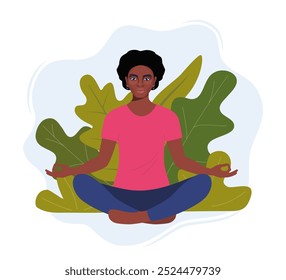 Jovem mulher afro-americana sentada de pernas cruzadas no chão e meditando. Meditação, relaxamento em casa, prática espiritual, ioga e exercício de respiração. Ilustração de vetor plano