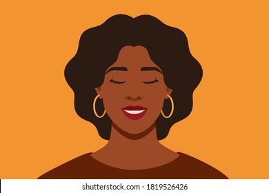 Young African American woman smiling with closed her eyes. Black dreamy girl on yellow background, front view. Vector illustration