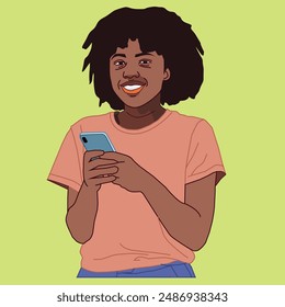 Young African American woman smiling with her phone