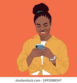 A Young African American woman smiling at her phone messages wearing a wristwatch 