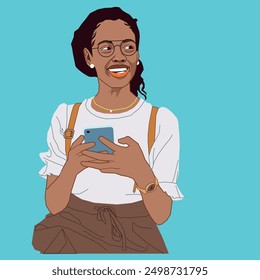 A young African American woman smiling holding a cell phone carrying a backpack 