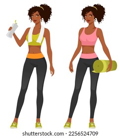 young African American woman in sport outfit, holding a yoga mat. Attractive black girl in gym wear, drinking from water bottle. Healthy lifestyle and fitness concept