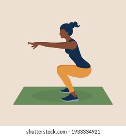Young african american Woman in sportwear doing squats on mat. Fitness, Aerobic, workout and exercise in gym or home. Concept Healthy lifestyle. Sport outfit. Trendy flat isolated vector illustration