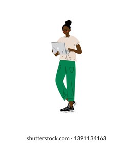 Young African American Woman Standing with Laptop, Girl Working or Relaxing Using Computer, Freelance or Social Network Concept Vector Illustration