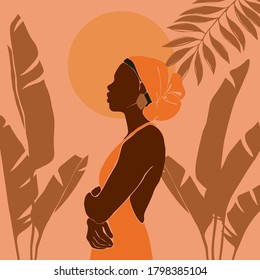 Young African American woman stands against the backdrop of the sun. Sunrise and sunset in the jungle. Large tropical banana leaves. Vector illustration in a flat style.