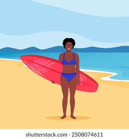 Young African American woman surfer with surfboard standing on the beach. Smiling surfer girl. Vector illustration