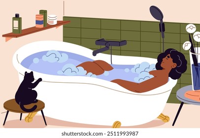 Die junge Afroamerikanerin badet. Fröhliches Mädchen entspannt sich, hat eine Erholung im gemütlichen Bad mit Katze. In der Badewanne liegend mit warmem Wasser und Seifenschaum. SPA zu Hause. Flache Vektorgrafik