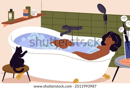 Young African American woman takes bath. Happy girl relaxes, has a rest in cozy bathroom with cat. Person lying in bathtub with warm water and soap foam. SPA at home. Flat vector illustration