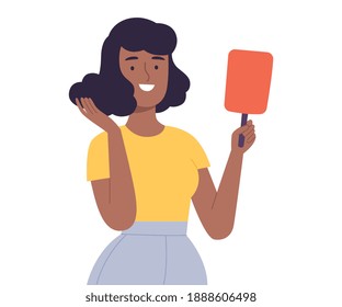 Young African American Woman Touching her Hair while Looking at herself at Mirror Cartoon Style Vector Illustration