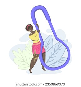 young African American woman in a trendy crochet knitted skirt holds a huge knitting marker. Concept vector illustration.
