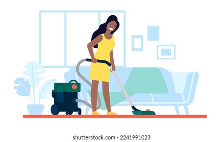 Young African American woman uses vacuum cleaner to clean floor while cleaning apartment. Housekeeping activity. Household equipment. Living room. Female doing housework